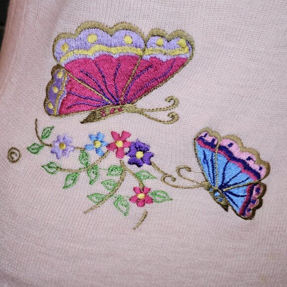 Retro 70s Womens Medium Sweater‎ Pink Embroidered Butterflies Flowers - Picture 3 of 9